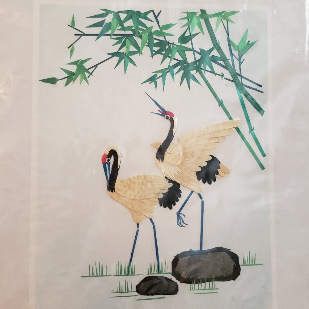 Set of 3 Hand cut and dyed wheat stalk on silk Japanese art piece🎋 Vintage Asia - Picture 4 of 10